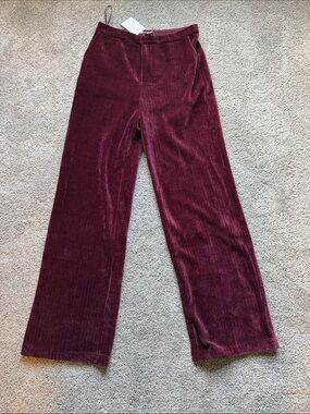 Wide-Leg Velvet Ribbed Pants - Burgundy
